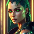 Vibrant green hair woman with futuristic makeup in neon-lit setting