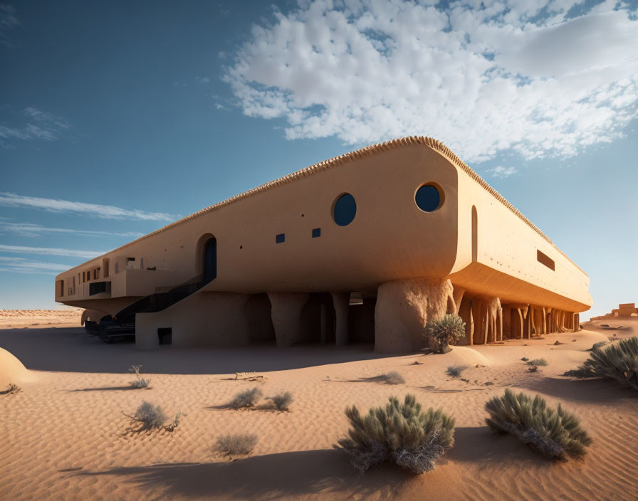 Futuristic spaceship-like building in desert landscape with round windows