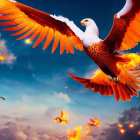 Majestic eagle with fiery wings in dramatic sky surrounded by birds and embers