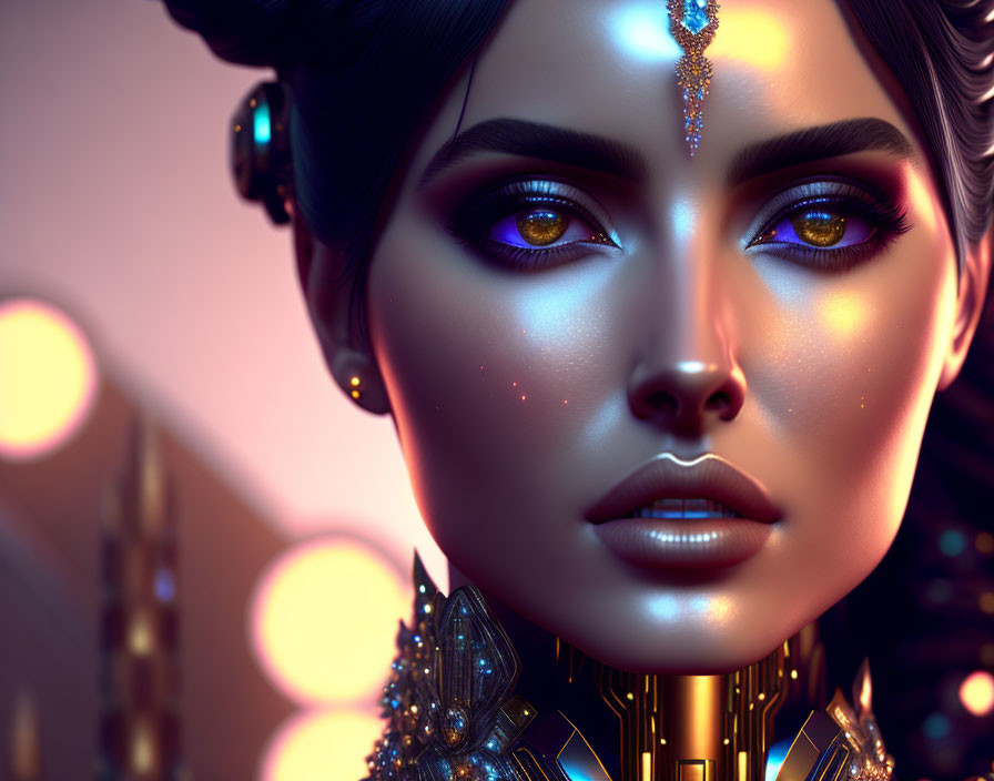 Close-up of stylized female with blue facial adornments and luminous skin on warm blurred background.
