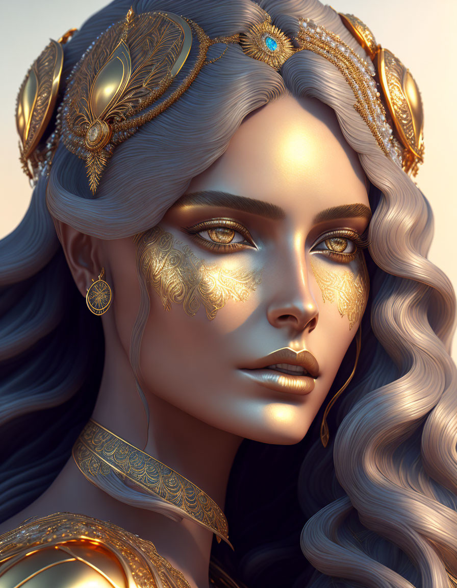 Intricate gold jewelry on woman with wavy hair and piercing eyes