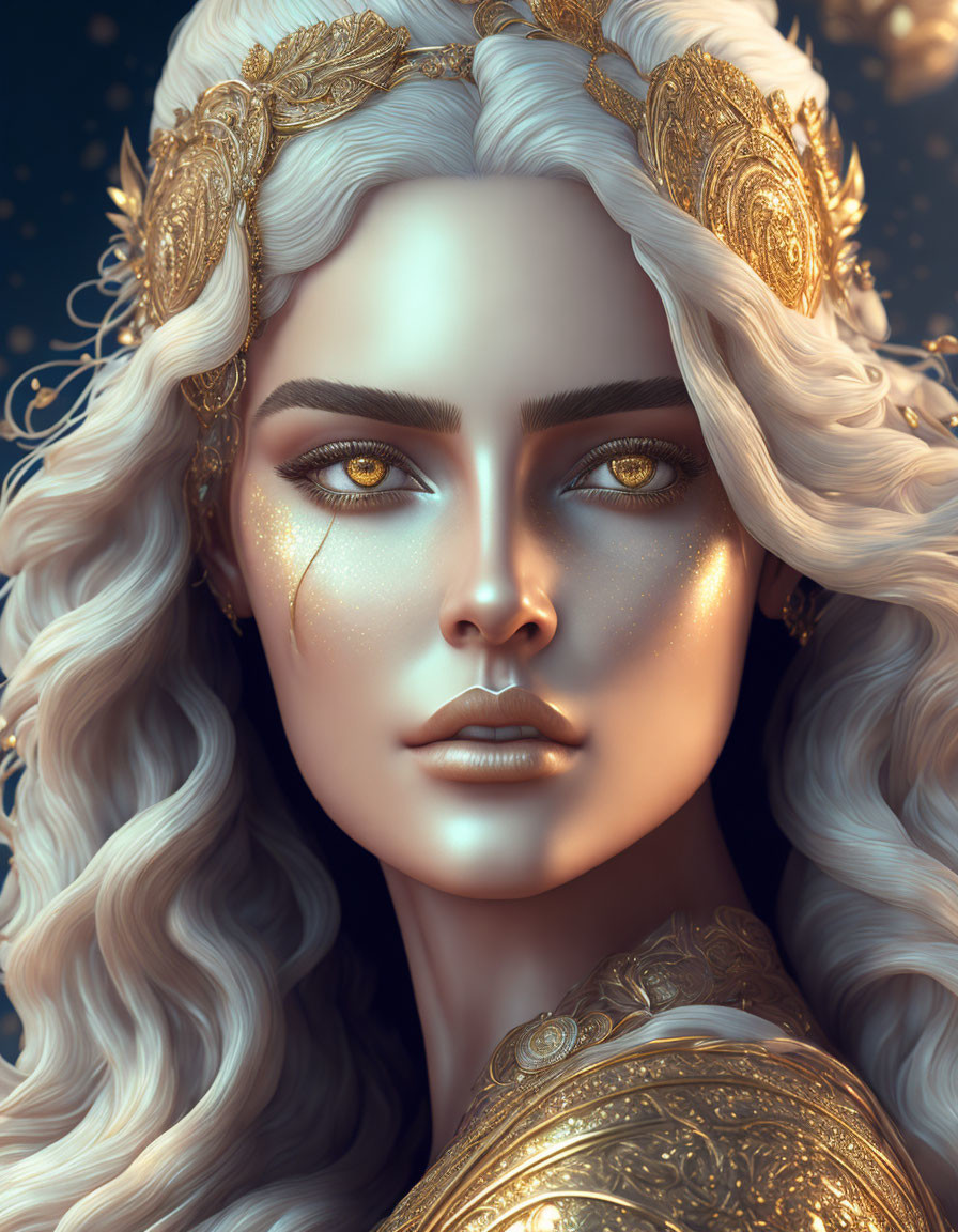 Digital portrait: Woman with golden eyes, ornate headpiece, platinum hair, and golden sparkles