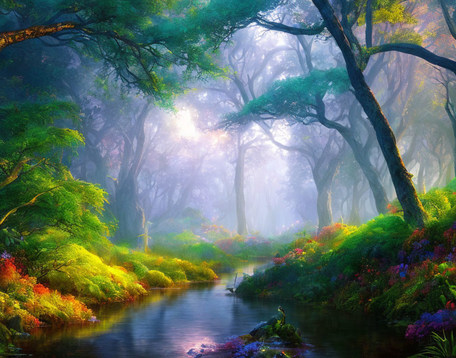 Tranquil forest scene with mist, vibrant flora, and serene stream