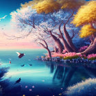 Tranquil sunset scene with flowering trees and flying birds