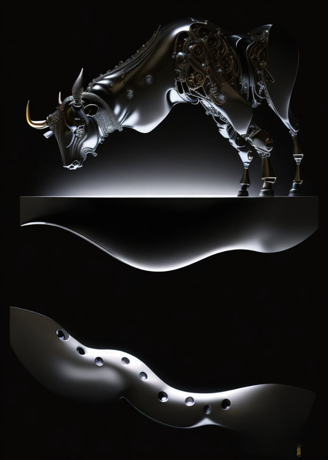 Ornate metallic bull sculpture with golden horns on reflective shelf