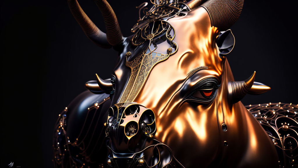 Intricate Metallic Bull Sculpture with Gold Surfaces & Mechanical Elements