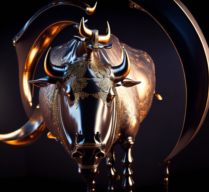 Metallic Bull Sculpture with Ornate Engravings and Sharp Horns on Dark Background