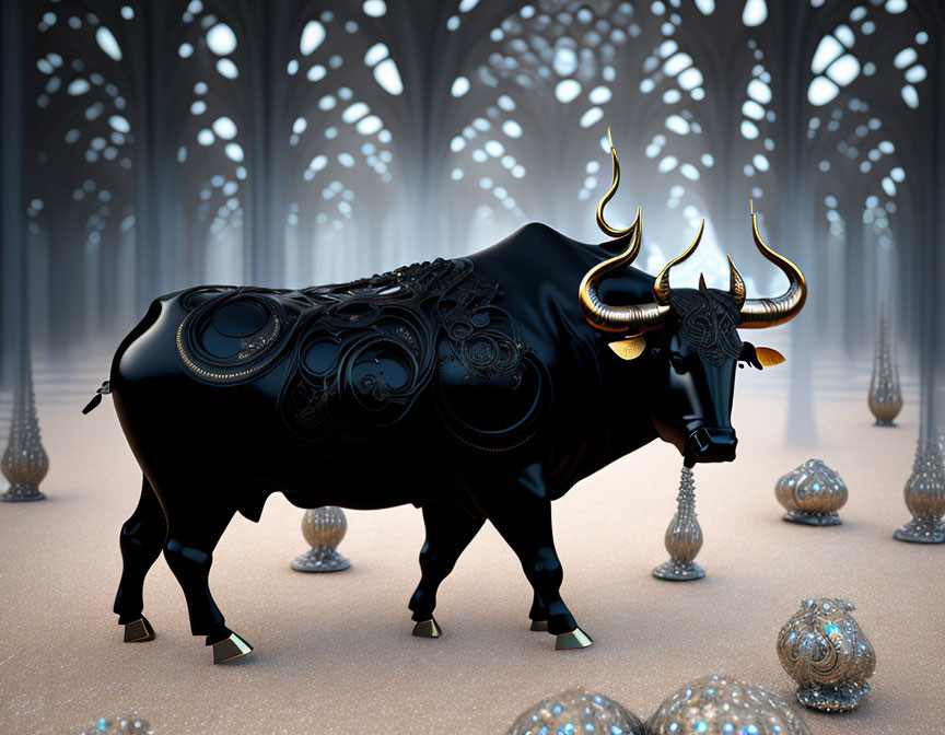 Black ornate bull with golden horns in elegant hall