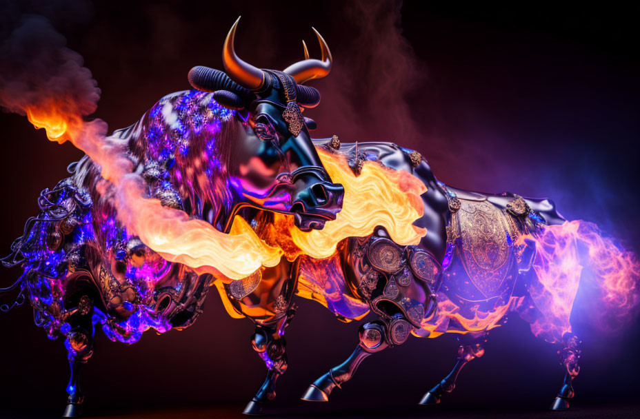 Stylized bull digital artwork with flames and smoke on dark background