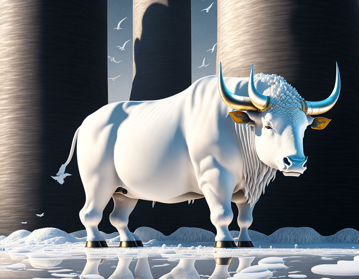 Majestic white bull with golden horns on icy surface with seagulls and waterfalls
