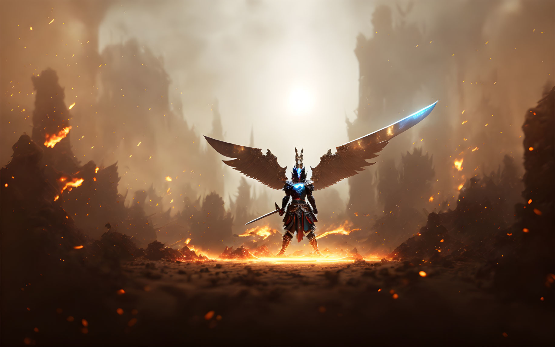 Winged warrior in ornate armor with glowing sword on fiery battlefield