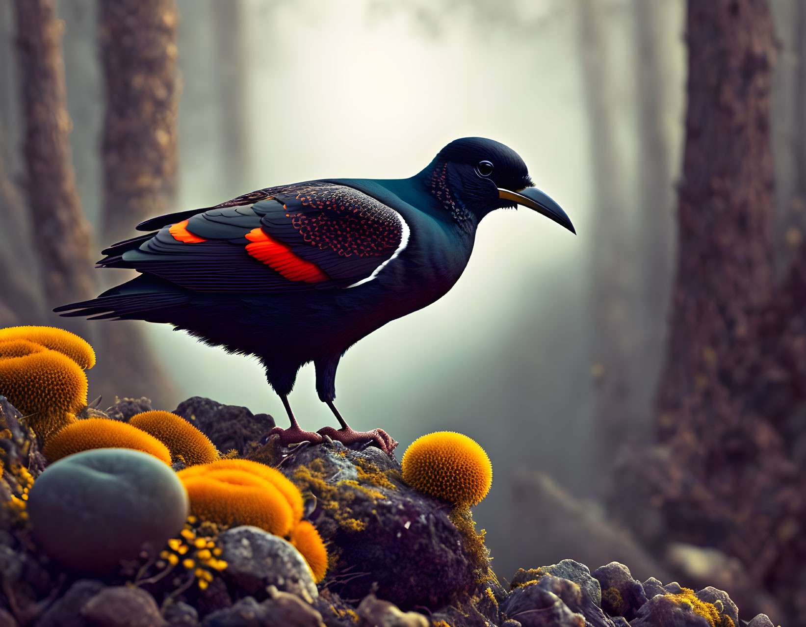 Colorful Starling Perched on Mossy Branch with Orange Mushrooms