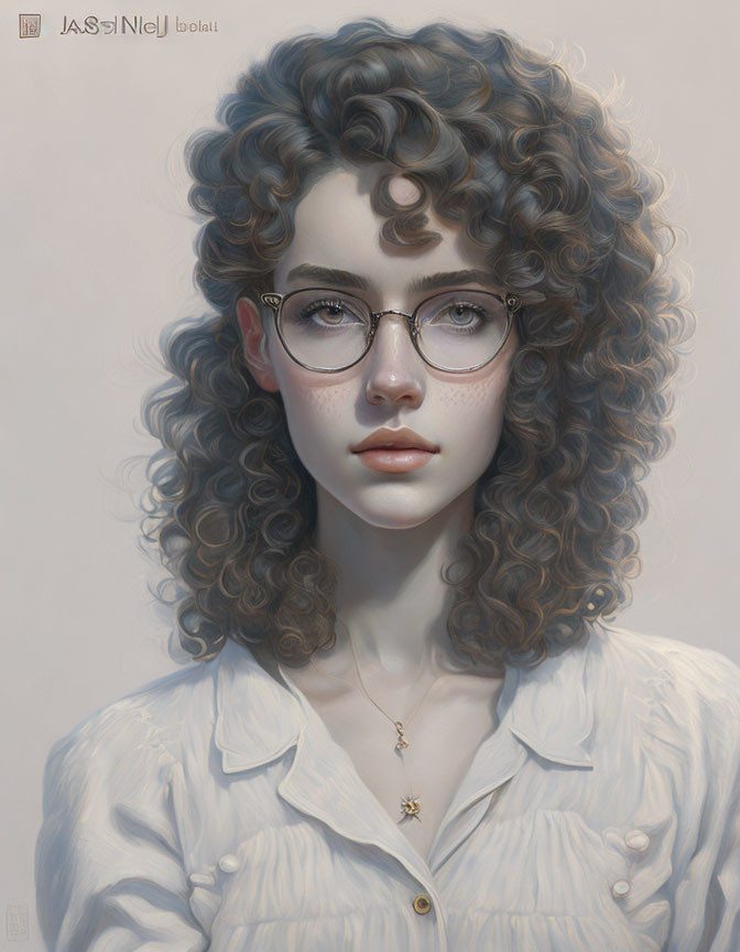 Young woman with curly hair, round glasses, white blouse, and pendant in digital artwork.