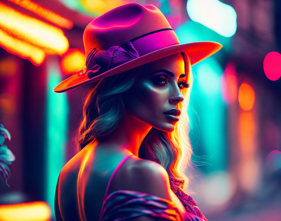 Glamorous woman in stylish hat under neon lights at night