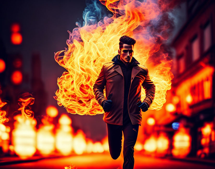 Stylized image of jogging man with fiery and smoky effects in city street at dusk