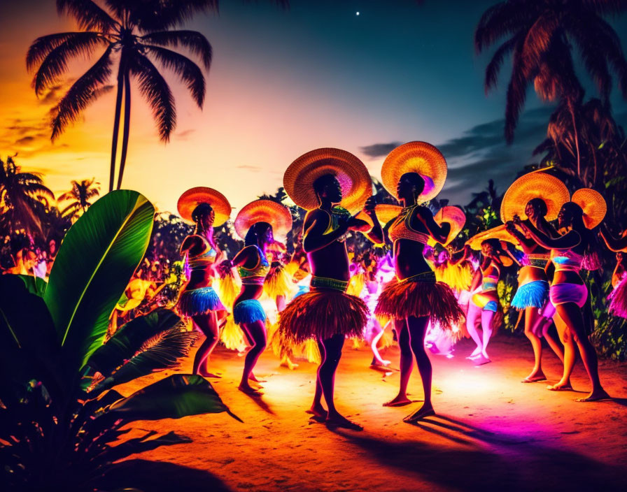 Vibrant dancers in illuminated costumes perform at dusk