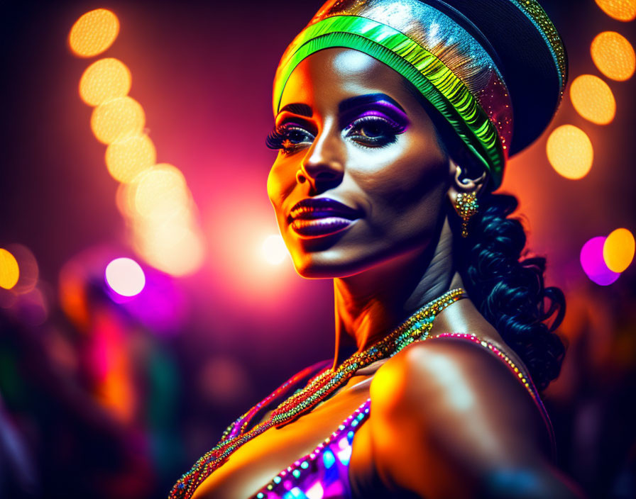 Colorful Makeup and Headscarf Woman at Vibrant Party with Bokeh Lights