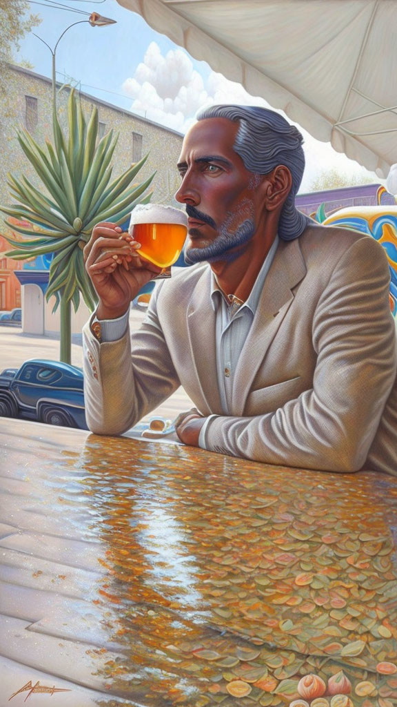 Man with slicked-back hair and mustache sips drink at cafe table with floating coins and streets