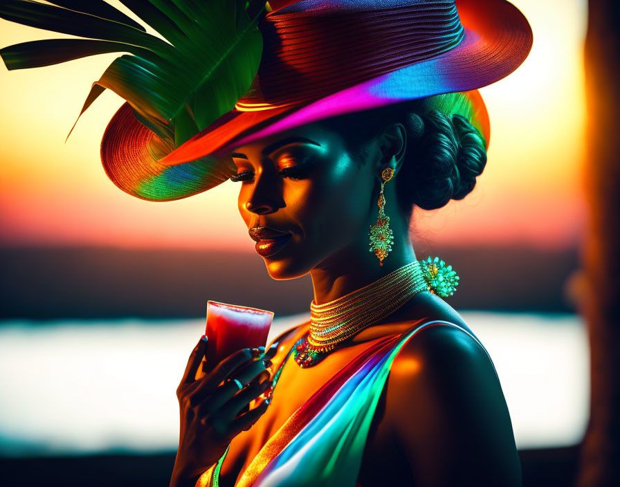 Stylish woman in colorful hat and jewelry against tropical sunset