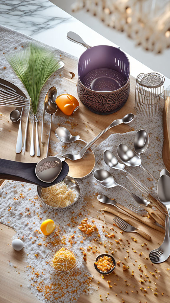 Kitchen utensils, pasta, eggs, grains, and bowl arranged on table