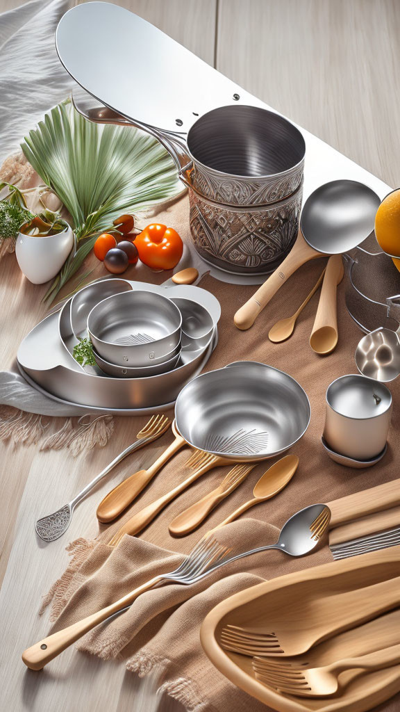 Wooden Utensils and Metallic Cookware with Fresh Vegetables on Wooden Surface