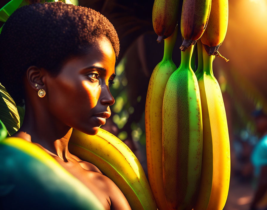 Short-haired woman reflects near ripe bananas in warm sunlight