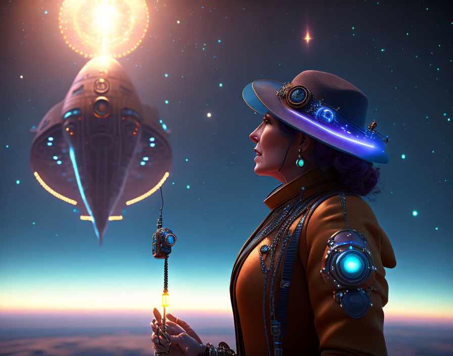 Steampunk woman with glowing device stares at airship under starlit sky
