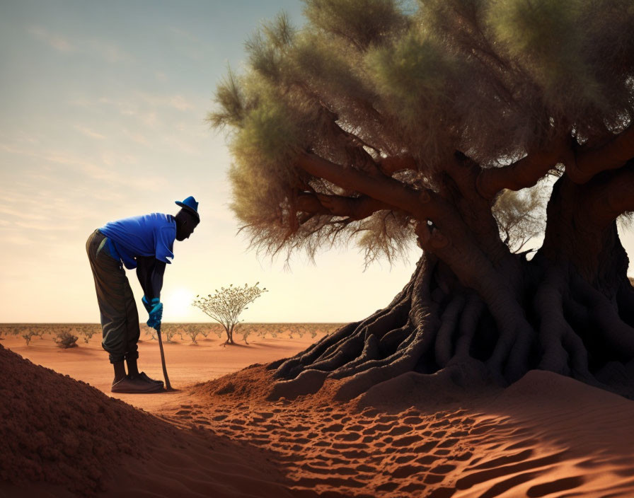 Person in Blue Shirt and Hat Digging in Sand Under Tree in Desert