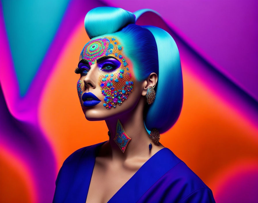 Colorful artistic makeup woman against abstract background