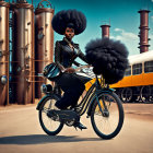 Person with Afro Riding Mountain Bike in Industrial Area at Sunset