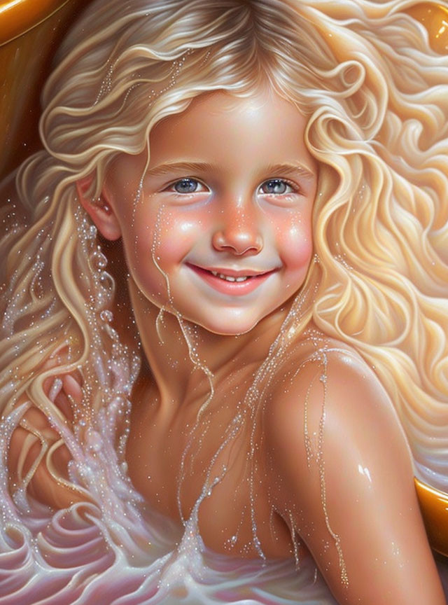 Smiling young girl with curly blonde hair in digital painting