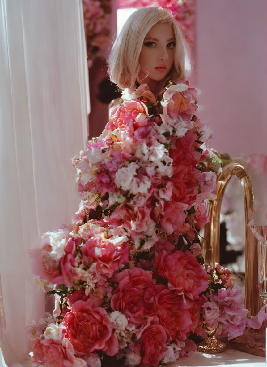 Person with pink flowers by sheer curtains and golden accents