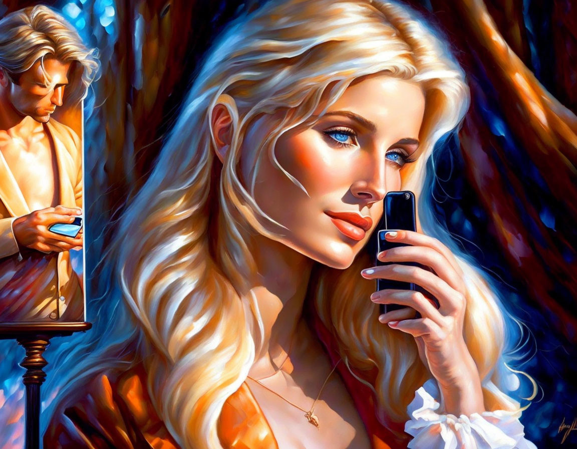 Blonde woman with smartphone gazes at mirror reflection with man painting in background