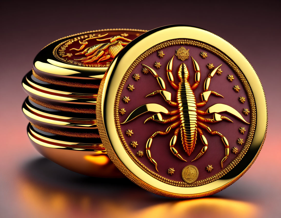 Golden Scorpion Design Coins on Maroon Background