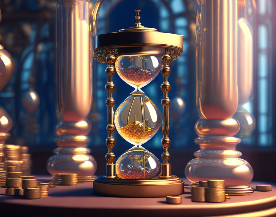 Golden sand hourglass on table surrounded by blurred hourglasses symbolizing time and wealth.