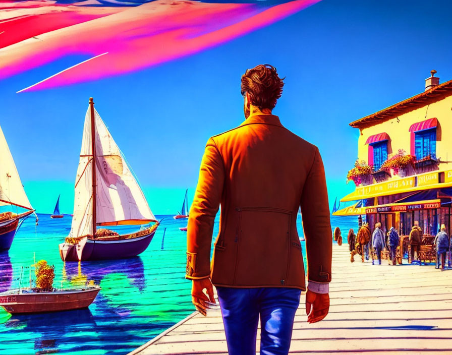 Man in Brown Jacket Walking on Vibrant Dock with Boats and Colorful Buildings