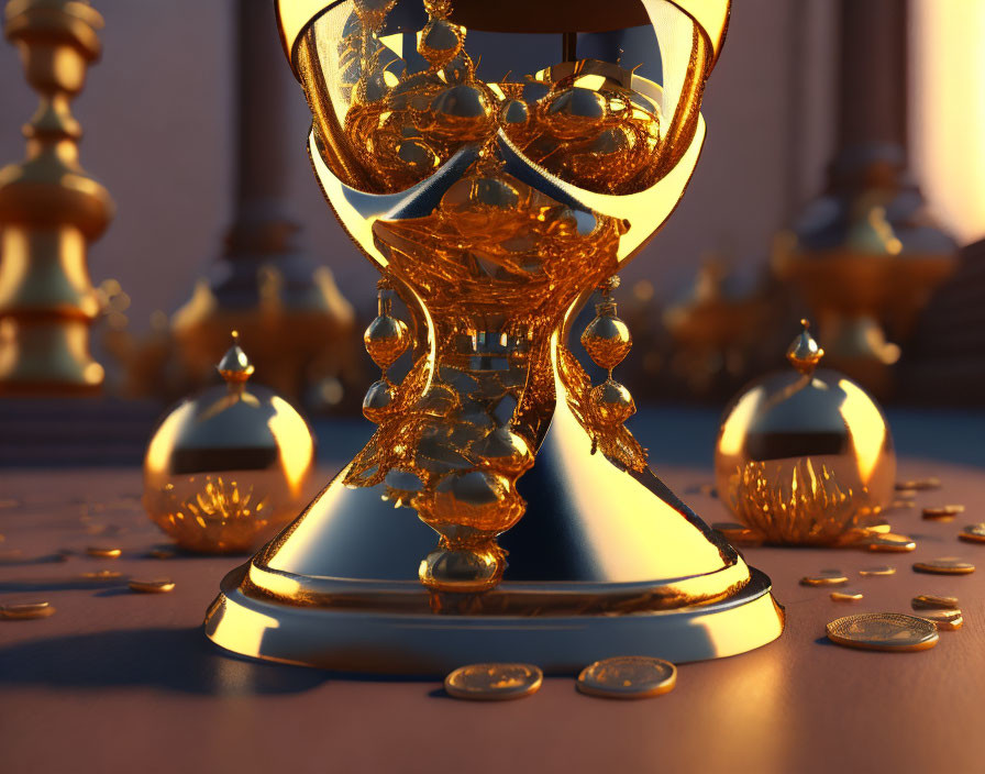Golden hourglass, chess pieces, and coins in warm glow signify time and strategy