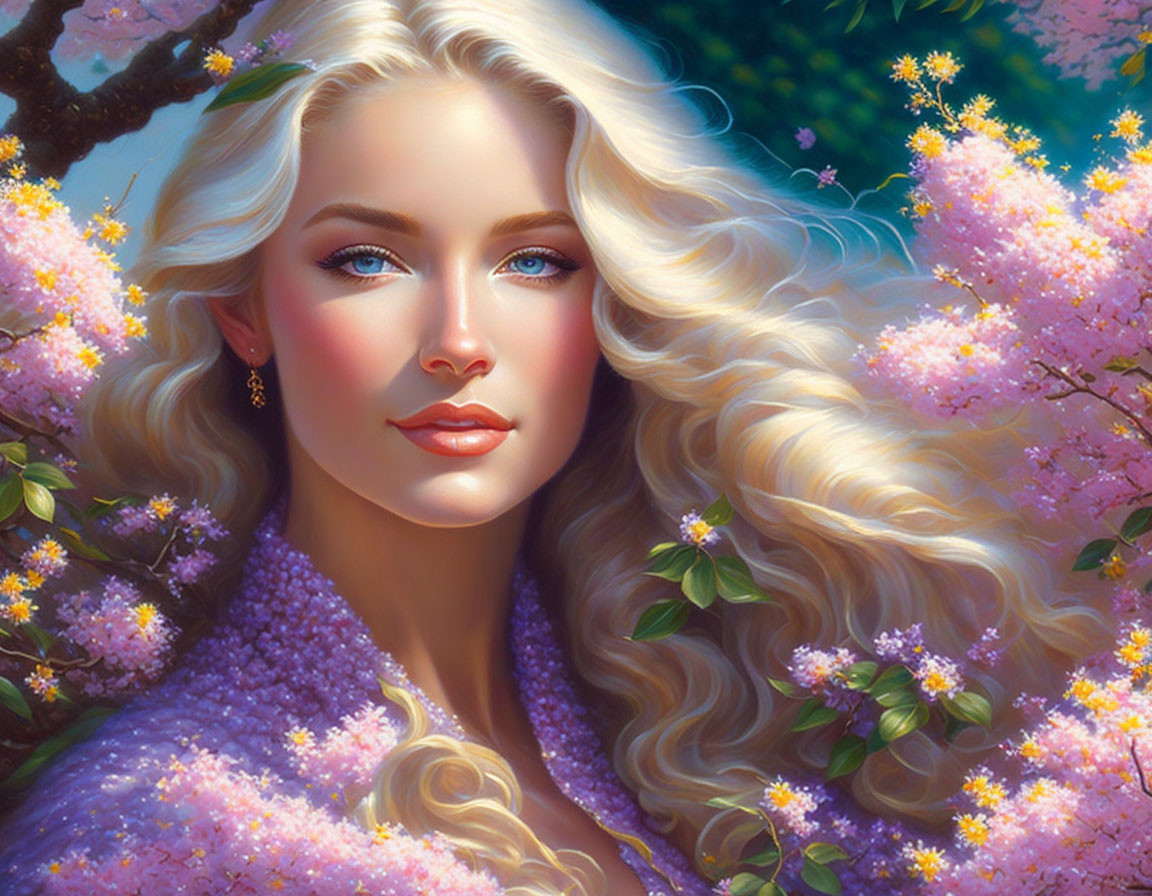 Digital Portrait: Woman with Blonde Hair and Blue Eyes Among Pink Blossoms