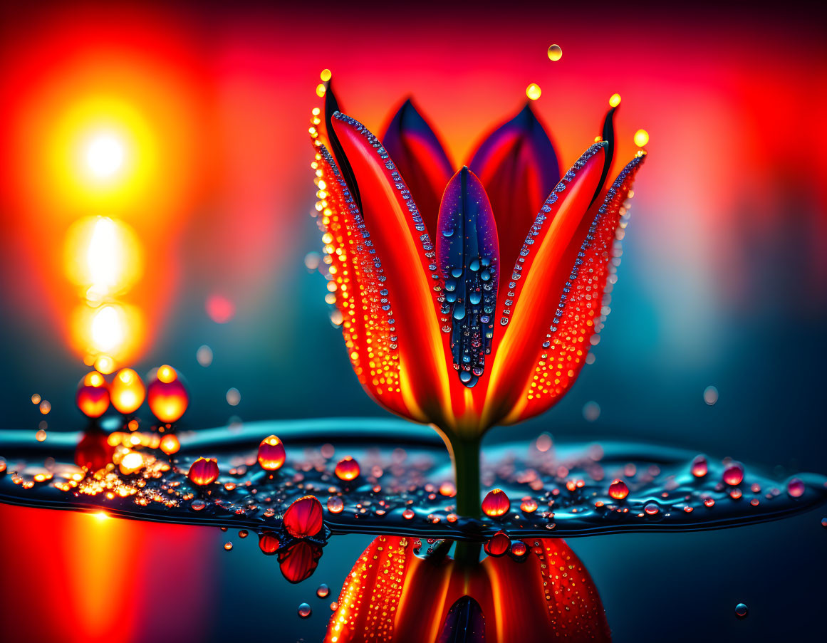 Red tulip flower with water drops