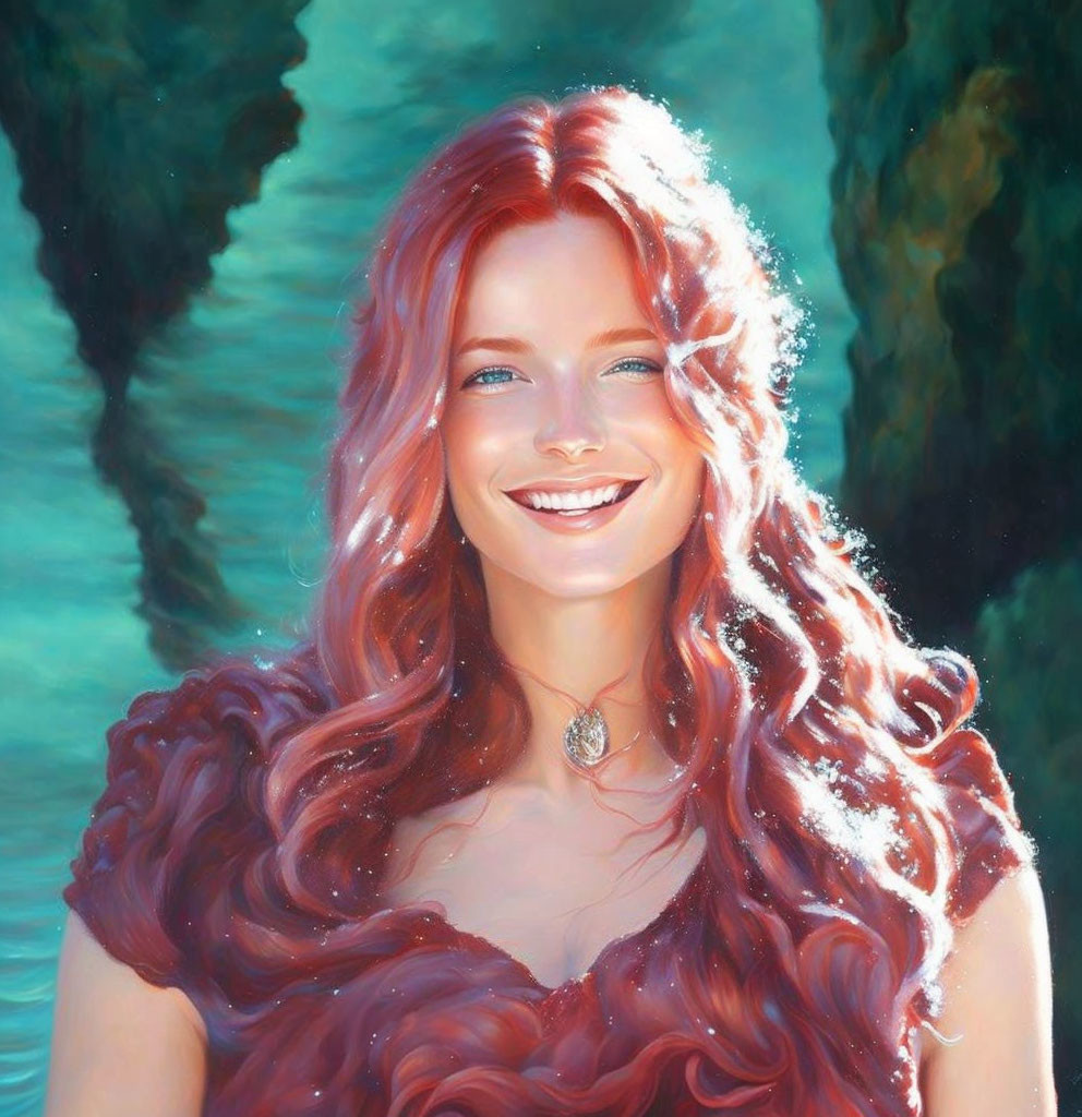 Red-Haired Woman Smiling by Turquoise Water