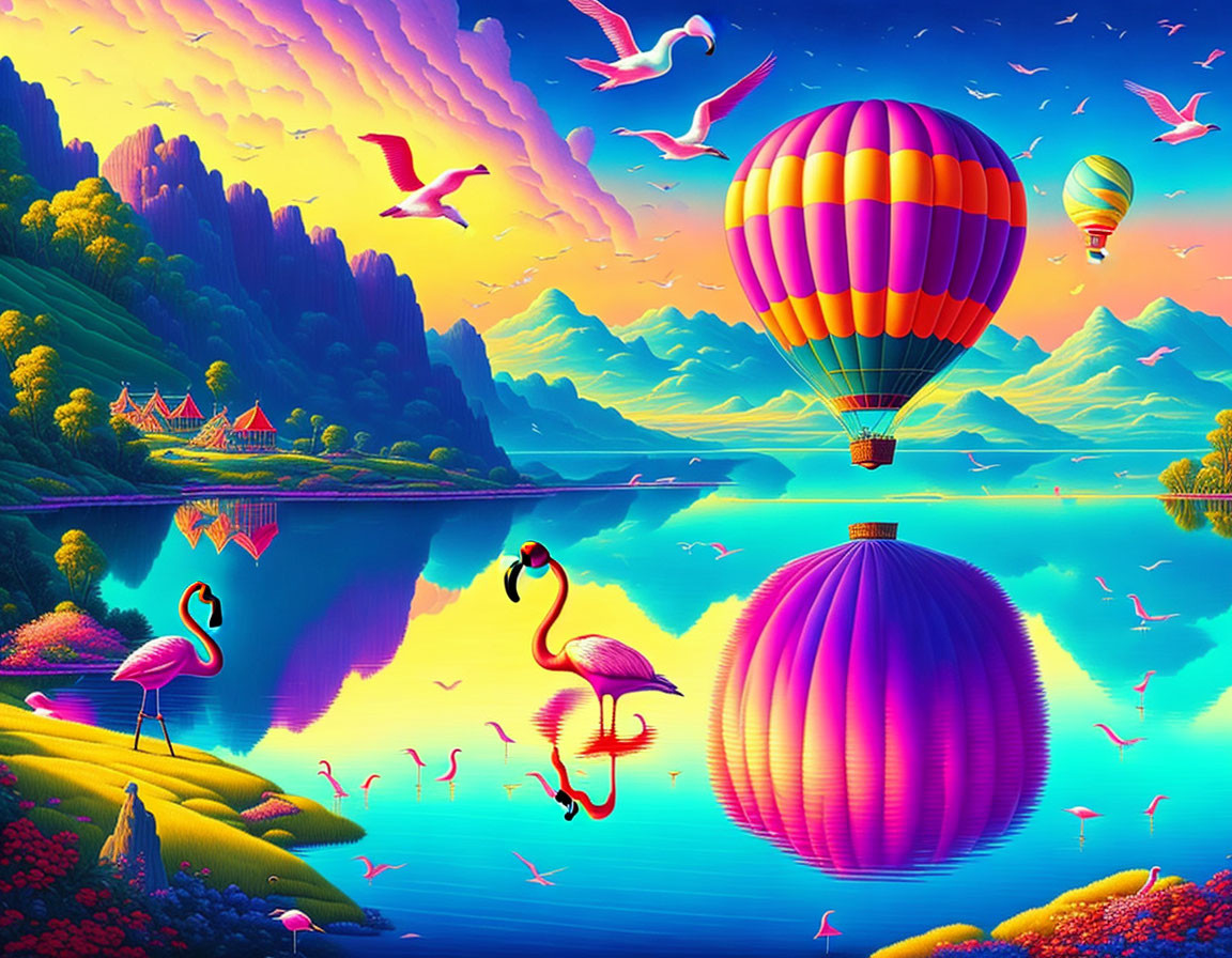 Colorful surreal landscape with hot air balloons, flamingos, and reflective lake