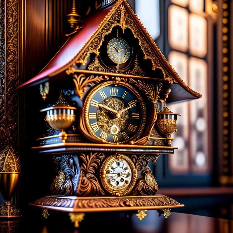 Intricate Antique Clock with Multiple Faces on Wooden Mantlepiece