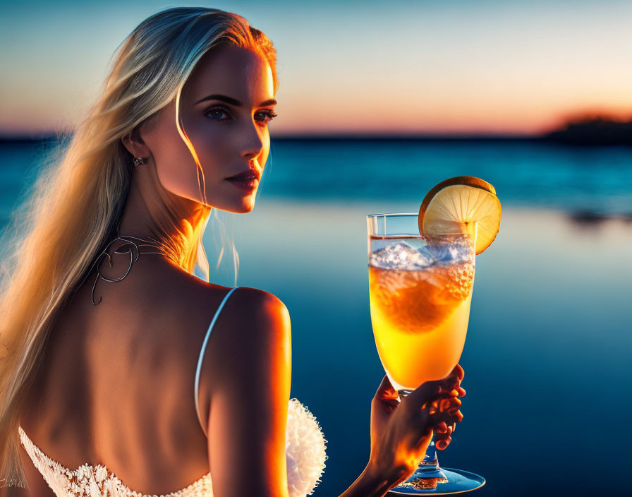 Blonde Woman Holding Lemon Slice Glass at Sunset
