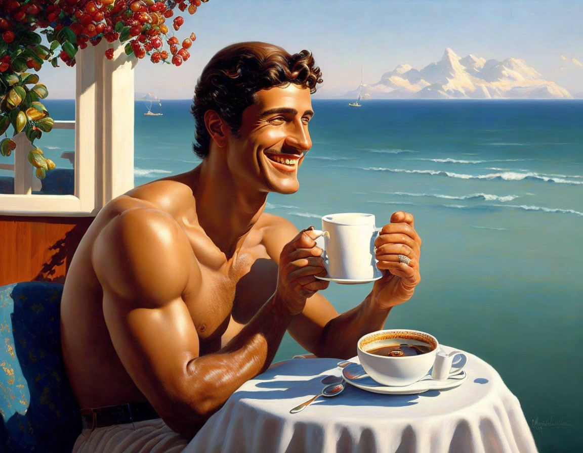 Muscular man with charming smile at seaside balcony with ocean and mountains.