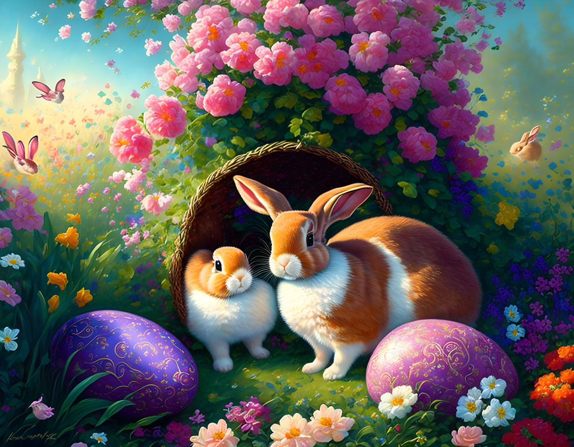 bunnies and large colorful eggs in a flower garden