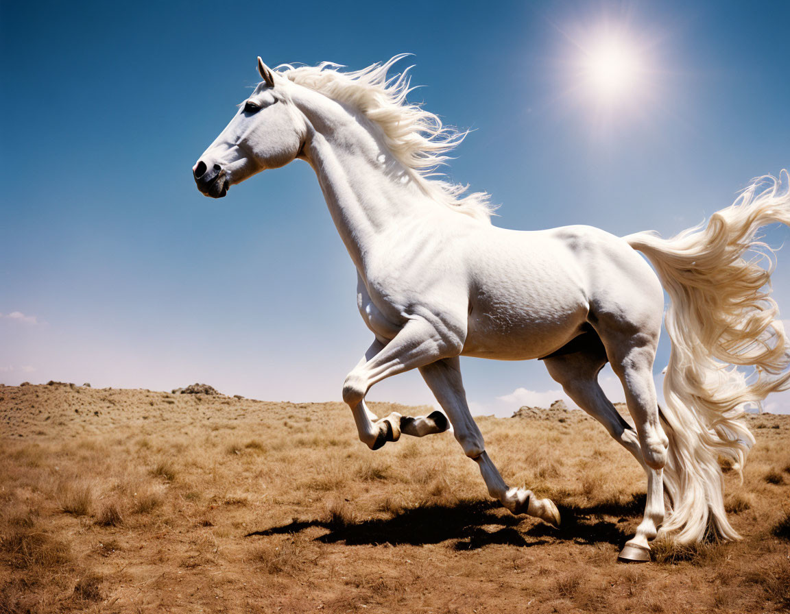 White horse galloping in sunlit field with flowing mane and tail