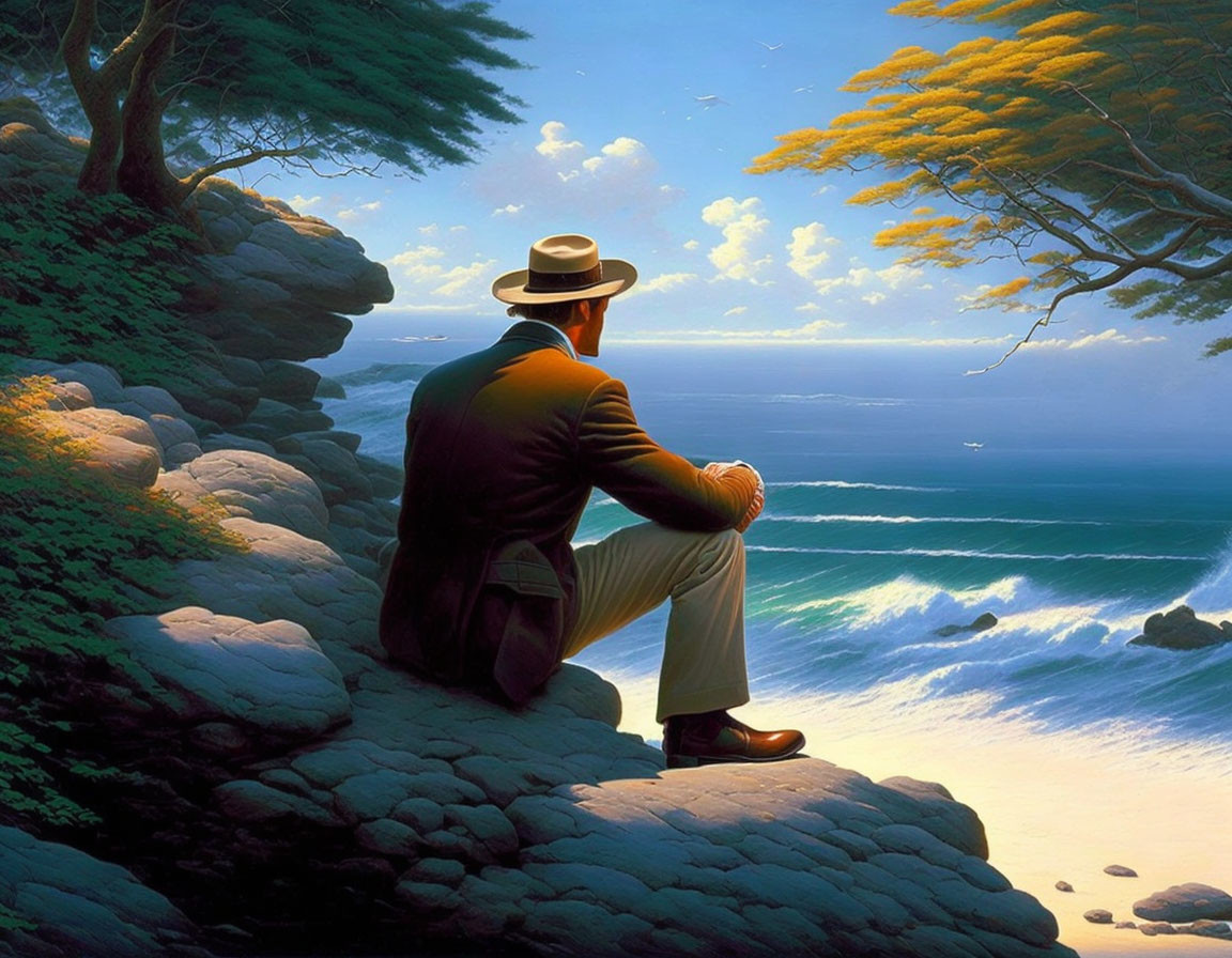 Person in Suit and Hat Overlooking Serene Ocean from Rocky Ledge
