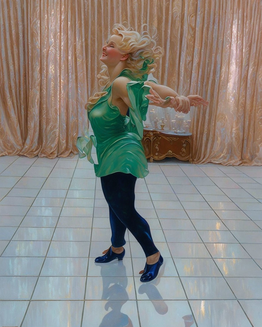 a happy blonde woman dances against the mirror