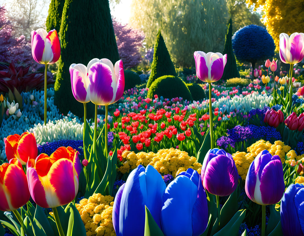 Colorful Tulip Garden in Full Bloom with Green Topiary