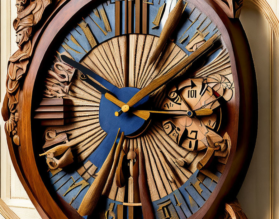 Ornate Wooden Clock with Roman Numerals and Gold & Blue Details